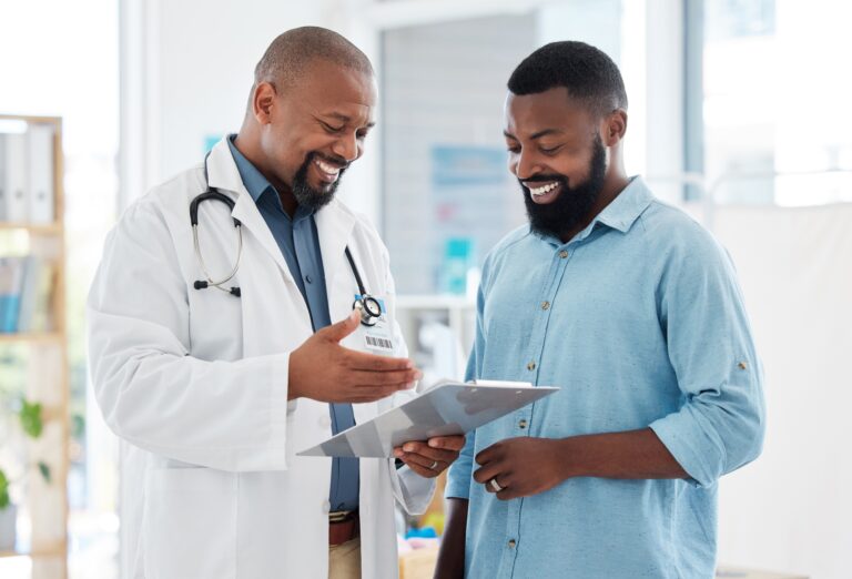 Healthcare,,Black,Man,And,Doctor,With,Clipboard,,Diagnosis,And,Conversation